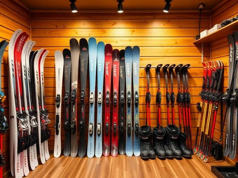 Premium ski equipment prepared for rental and fitting